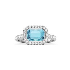 Halo Octagon Statement Ring Aquamarine Crystals Rhodium Plated