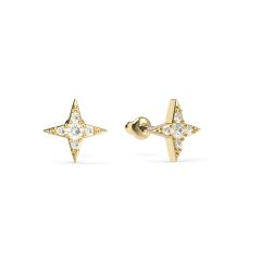 Petite Compass Star Stud Earrings Clear Crystals Gold Plated