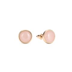 Round Petite Cabochon Rose Quartz Stud Earrings Rose Gold Plated