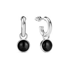 Round Cabochon Black Onyx Drop Earrings Rhodium Plated