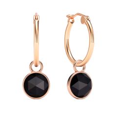 Round Rose Cut Black Onyx 18mm Hoop Drop Earrings Rose Gold Plated