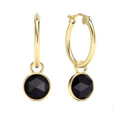 Round Rose Cut Black Onyx 18mm Hoop Drop Earrings Gold Plated