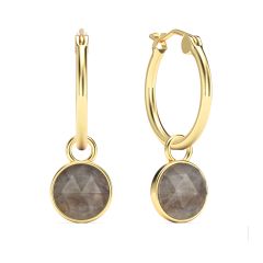 Round Rose Cut Grey Moonstone 18mm Hoop Drop Earrings Gold Plated