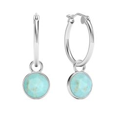 Round Rose Cut Turquoise 18mm Hoop Drop Earrings Rhodium Plated