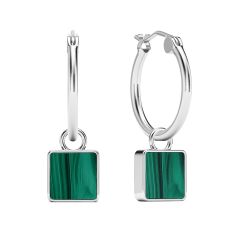 Square Malachite 18mm Hoop Drop Earrings Rhodium Plated